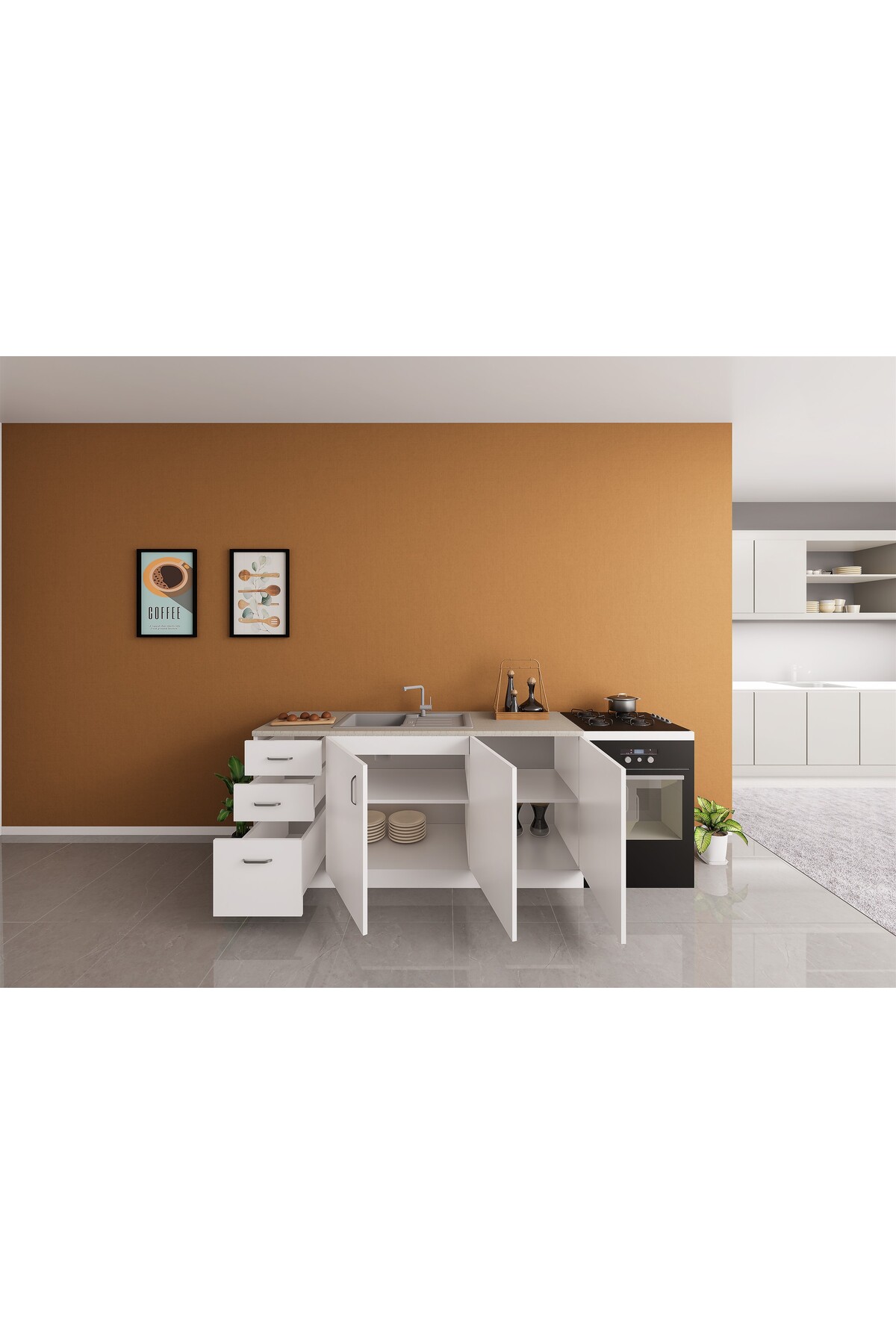 Kenyap Rainbow Alt Mutfak Beyaz 180cm Laminat Tezgah Dahil
