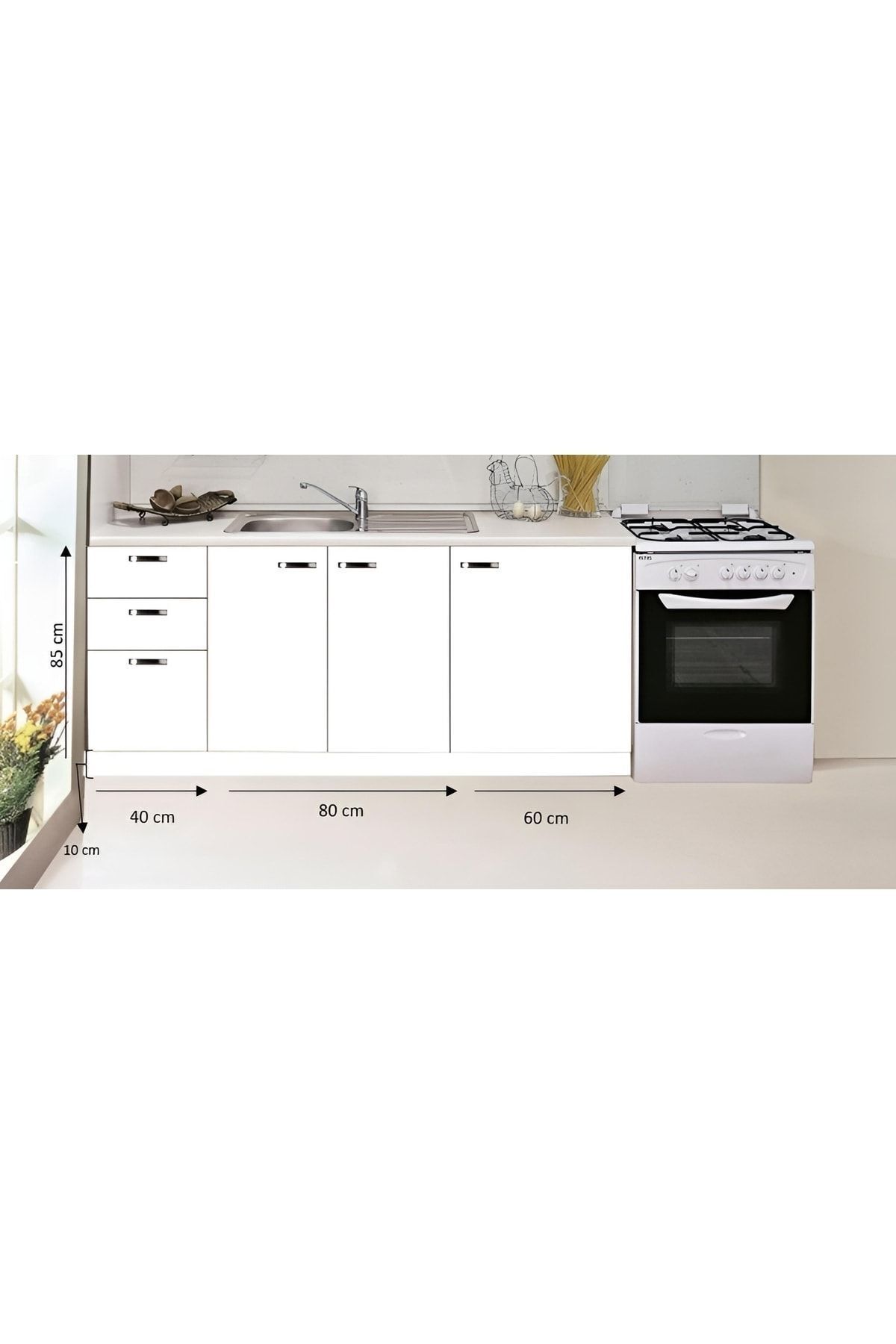Kenyap Rainbow Alt Mutfak Beyaz 180cm Laminat Tezgah Dahil