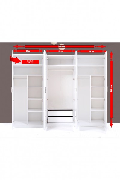 Kenyap Plus 812518 Stella 6 Kapaklı 2 Çekmeceli Gardırop 3 Modüllü- Parlak Beyaz
