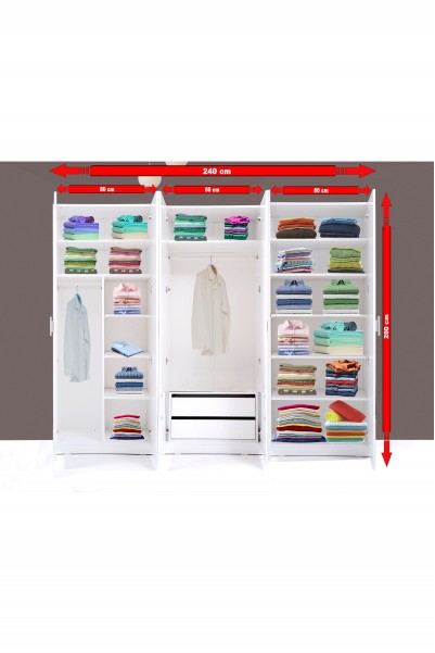 Kenyap Plus 812516 Stella 6 Kapaklı 2 Çekmeceli Gardırop 3 Modüllü- Parlak Beyaz