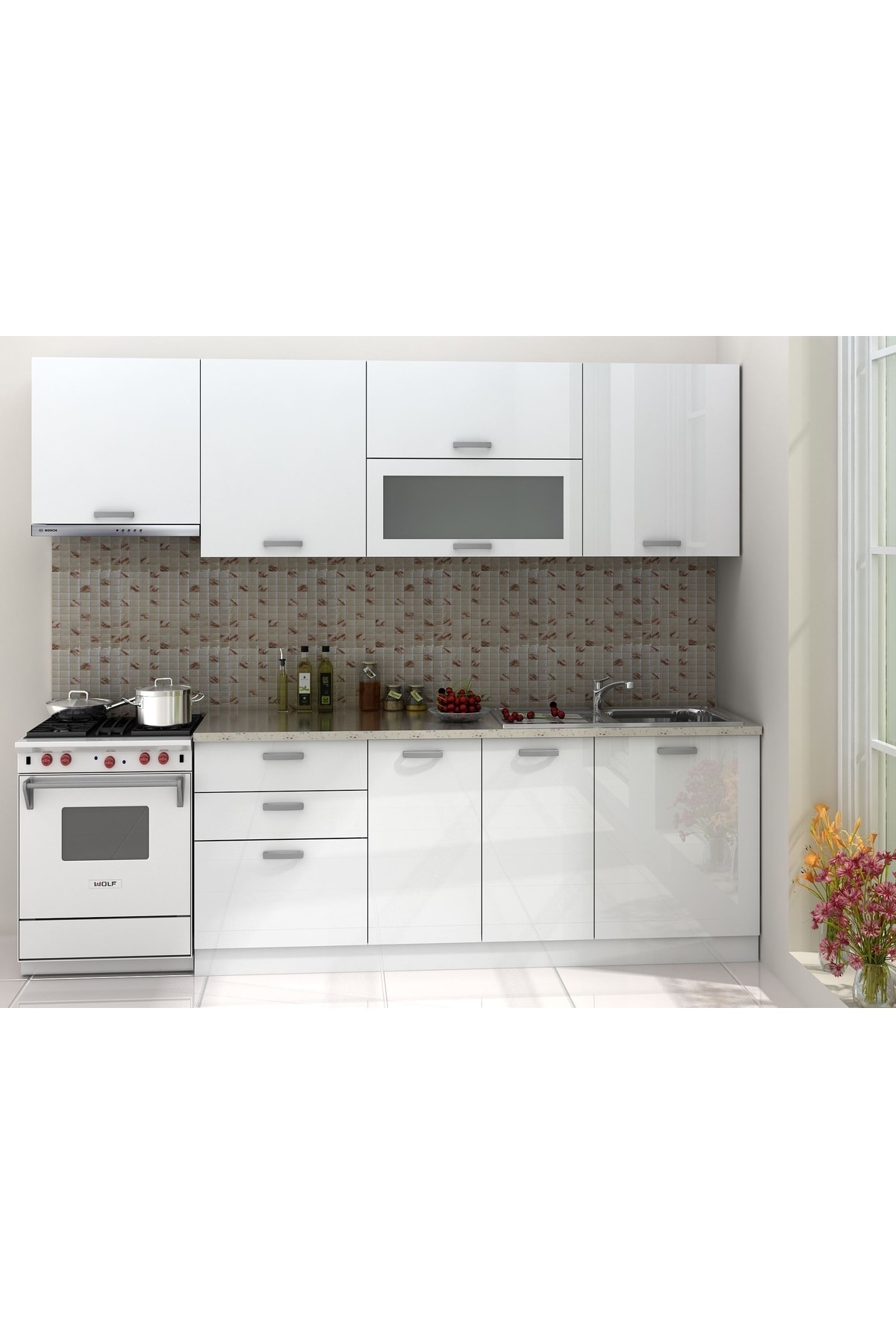Kenyap Eko Line Mutfak Parlak Beyaz High Gloss 260 Cm Tezgah Dahil