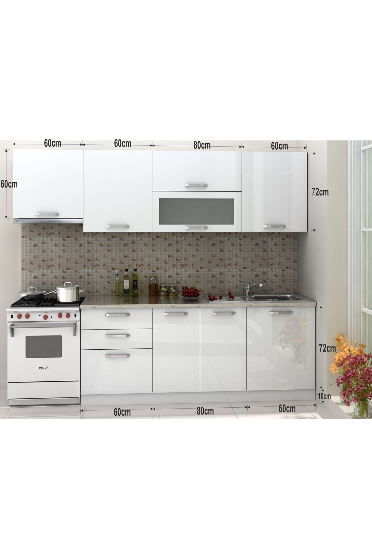 Kenyap Eko Line Mutfak Parlak Beyaz High Gloss 260 Cm Tezgah Dahil
