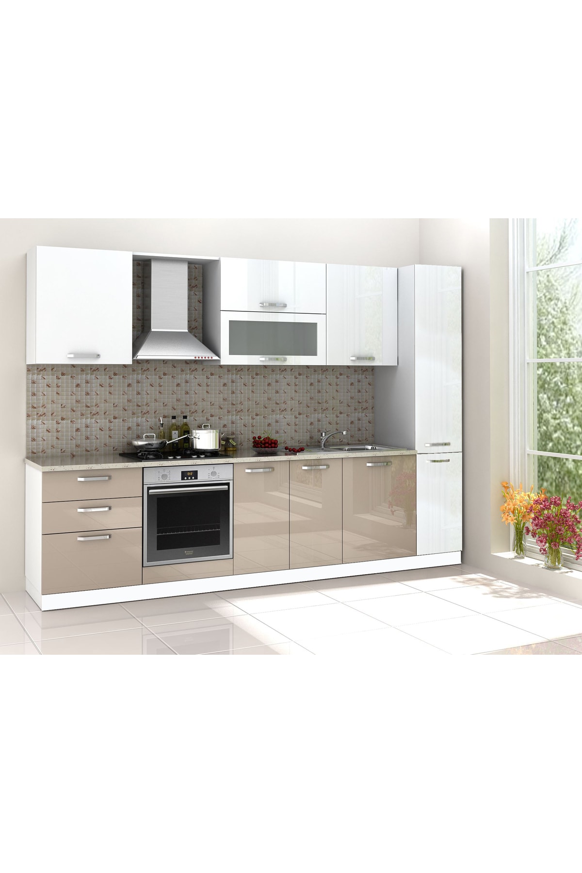 Kenyap Eko Rosso Mutfak 300 Cm High Gloss Beyaz & Capucino Tezgah Dahil