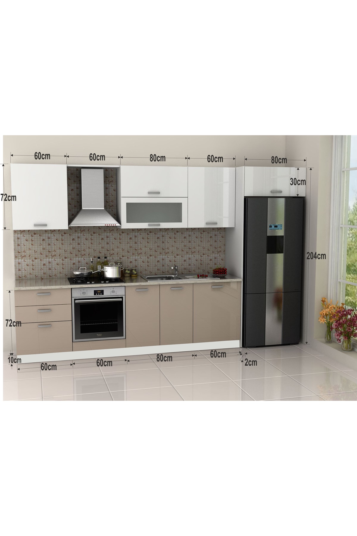Kenyap Manolya Mutfak 340 Cm High Gloss Beyaz & Capucino Tezgah Hariç